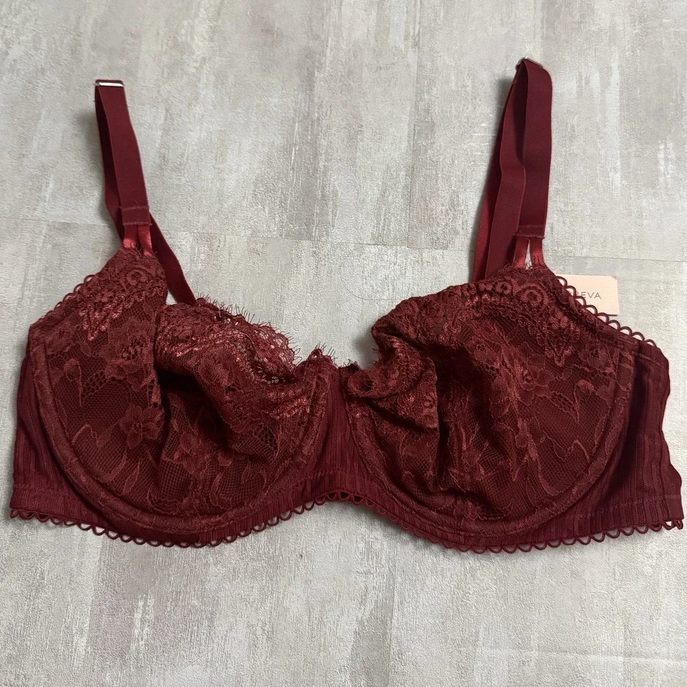 Dobreva Sheer Lace Bra Size‎ 38C Wine Red Convertible Racer Strap Brand New